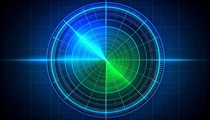 Futuristic radar screen with a glowing blue and green scanner. A high-tech display for searching, detection, and surveillance.