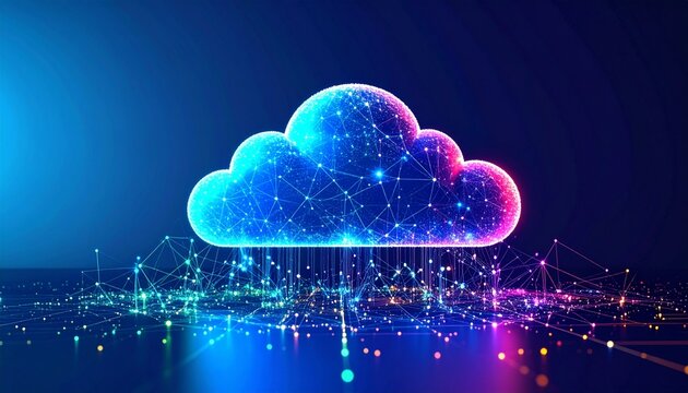 Futuristic digital cloud computing concept with glowing network connections and data storage visualization. - Powered by Adobe