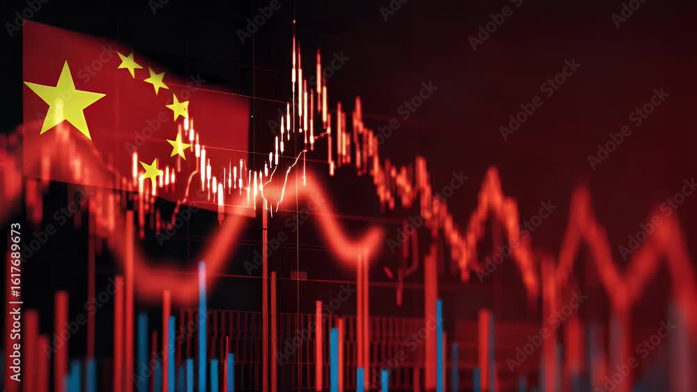 Aufkleber a red stock market graph with the china flag in front of it, creating an iconic and powerful scene