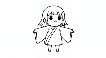 Fototapeta premium Charming Black and White Drawing of a Stylized Young Character with Round Face Large Eyes and Simple Outlined Clothing on a Stark White Background