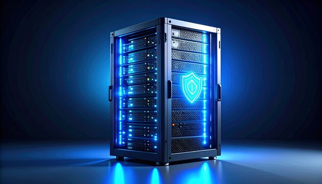 Cybersecurity concept with a server rack and a glowing digital shield icon for data protection and network safety
