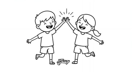 Cheerful Black and White Illustration of Boy and Girl High Fiving with Simple White Background and Minimalist Design Depicting Childhood Joy and Successful Teamwork