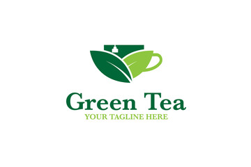 Green leaf tea with cup logo design template vector illustration idea