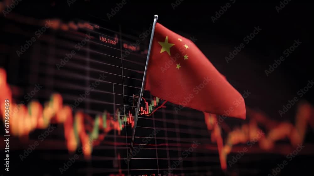Poster a red stock market graph with the china flag in front of it, creating an iconic and powerful scene