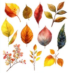 watercolor autumn leaves and branches clip art set