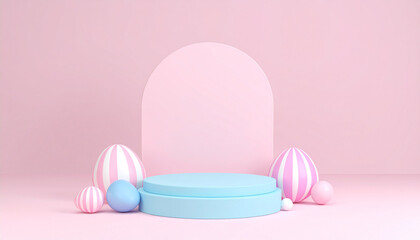 Purple podium with an arch and colorful spheres on a light purple background. Playful stage providing a gentle, creative presentation. Perfect for cosmetic or kids' products