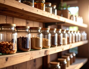 Jars Filled with Various Ingredients on Wooden Shelves in a Kitchen