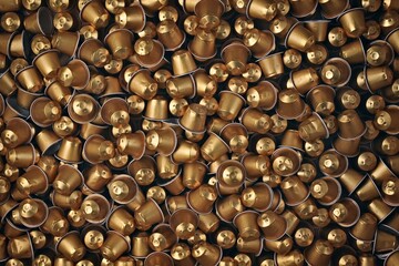 Large quantity of golden coffee capsules.  Seen directly above. 