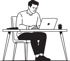 Hand Drawn Clipart of Father Working on Computer &ndash; Sketch Style Illustration on White Background

