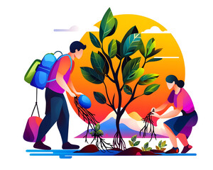 marine conservation projects, Couple planting a tree in a vibrant landscape. ocean plastic cleanup, sustainable sea action