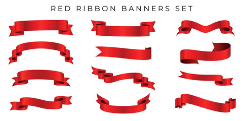 Set of realistic red ribbon banners, scrolls and labels, decorative banner template for announcements, sales or web design