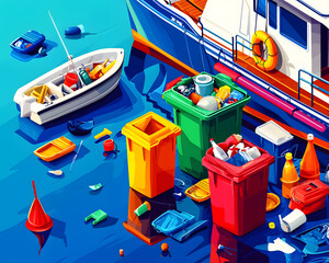 marine conservation projects, Colorful waste bins near a boat in the water. ocean plastic cleanup, sustainable sea action