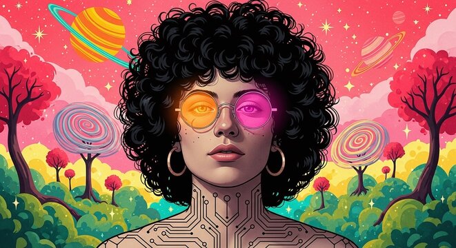 Psychedelic portrait of a person with an afro and colorful glasses in a surreal alien landscape with vibrant trees and a swirling planet in a dreamlike vibrant and fantastical setting - Powered by Adobe