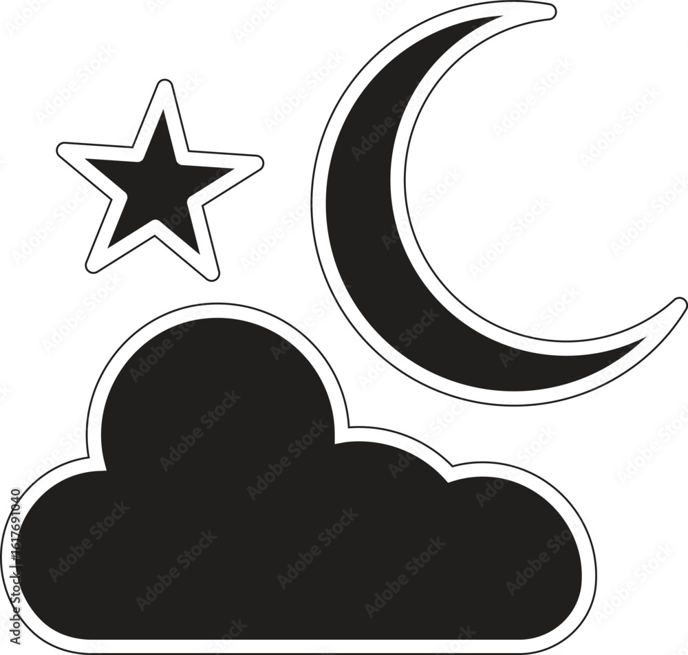 Poster crescent moon with cloud icon representing cloudy night weather or moonlit sky conditions with trans