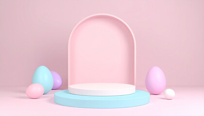 Purple podium with an arch and colorful spheres on a light purple background. Playful stage providing a gentle, creative presentation. Perfect for cosmetic or kids' products