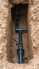 Professional underground plumbing installation with durable black pipes and precision fittings in a soil and gravel trench ideal for infrastructure projects, civil engineering, and utility contractors