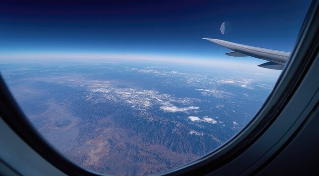 Aerial view of Earth from airplane window, mountains, clouds, and a wing