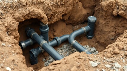 Professional underground plumbing installation with durable black pipes and precision fittings in a soil and gravel trench ideal for infrastructure projects, civil engineering, and utility contractors