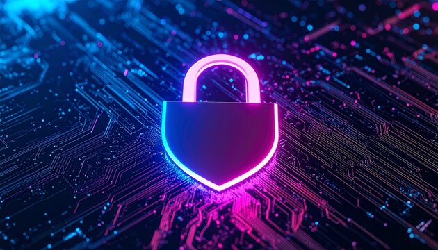 A glowing neon padlock on a futuristic circuit board. Concept of cybersecurity, data protection, and digital privacy in technology.
