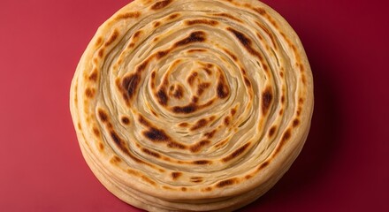 A single paratha with spiral layers arranged in a circular shape on a red background in a close up shot