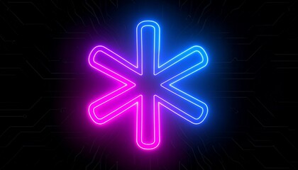 Obraz premium Vibrant neon asterisk symbol glowing with pink and blue light. A futuristic digital technology concept on a dark circuit background.
