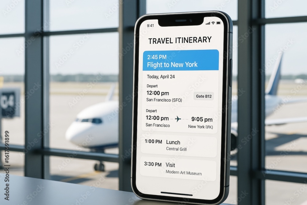 Poster smartphone mockup showing travel itinerary app interface at airport terminal with airplane in backgr