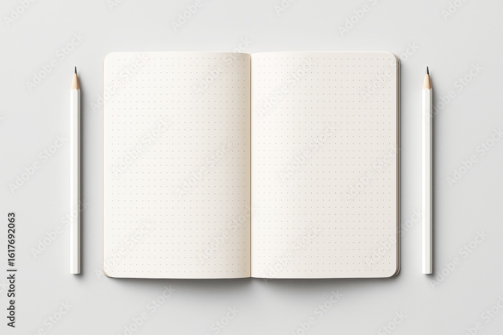 Aufkleber open dotted notebook with two white pencils on light background, clean design layout for presentatio