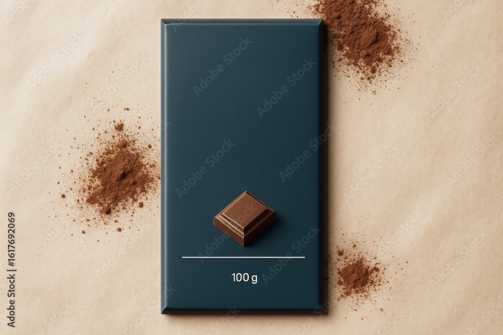 Poster chocolate bar packaging mockup with single piece on dark wrapper, surrounded by cocoa powder on kraf