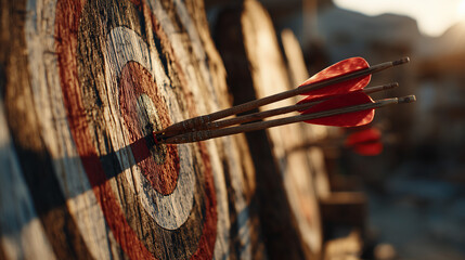 Three Arrows Hitting Bullseye on Wooden Archery Target in Warm Sunset Light