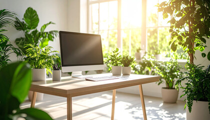 Fototapeta premium Workspace in Harmony: A contemporary workstation bathed in sunlight, harmoniously blends modern technology with natural elements, evoking a sense of serenity and well-being.