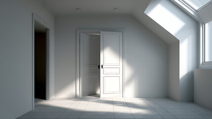 Open door to a sunlit clean room with simple decor, conveying peace and freshness in a minimalist space.