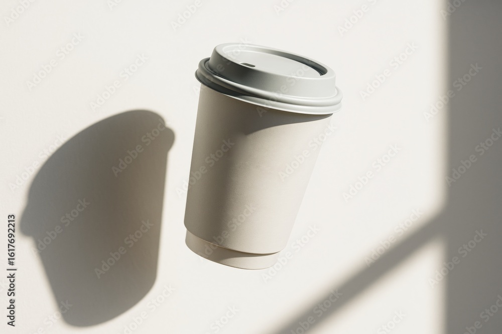 Poster floating paper coffee cup mockup with plastic lid on bright background casting shadow, perfect for b