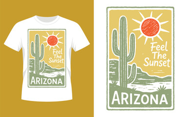 Arizona desert sunset t shirt design featuring saguaro cactus and sun