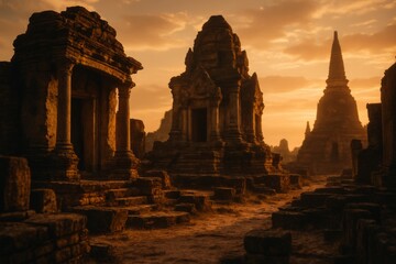 Naklejka premium Ancient stone temple ruins with intricate architecture captured at sunset on a dusty path, glowing with dramatic golden light and shadows