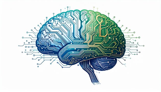 Futuristic artificial intelligence concept showing a human brain as a glowing electronic circuit board on a white background.