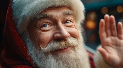Santa's Festive Welcome: A portrait of Santa, radiating warmth, kindness, and holiday cheer. His jovial expression and welcoming gesture encapsulate the season's spirit.