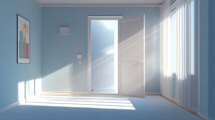Open door to a sunlit clean room with simple decor, conveying peace and freshness in a minimalist space.