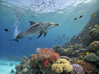Obraz premium A playful dolphin swims through a vibrant coral reef teeming with small fish
