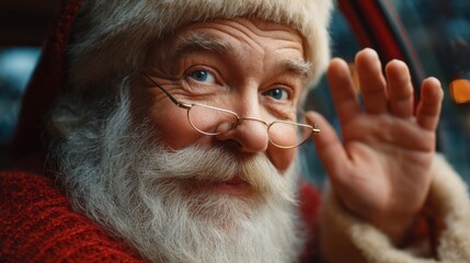 Santa's Merry Ride: A festive individual, the spirit of gift-giving himself, waves cheerily from a warm vehicle, his rosy cheeks and twinkling eyes embody holiday joy and generosity.