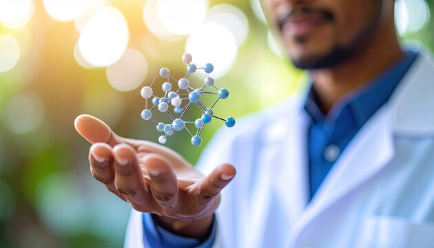 Scientist Holding Molecule: A thoughtful scientist in a lab coat examines a delicate molecular structure, poised delicately above his outstretched hand.
