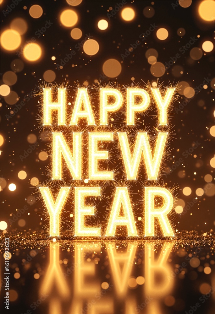 Poster sparkling golden happy new year text against glittering bokeh background