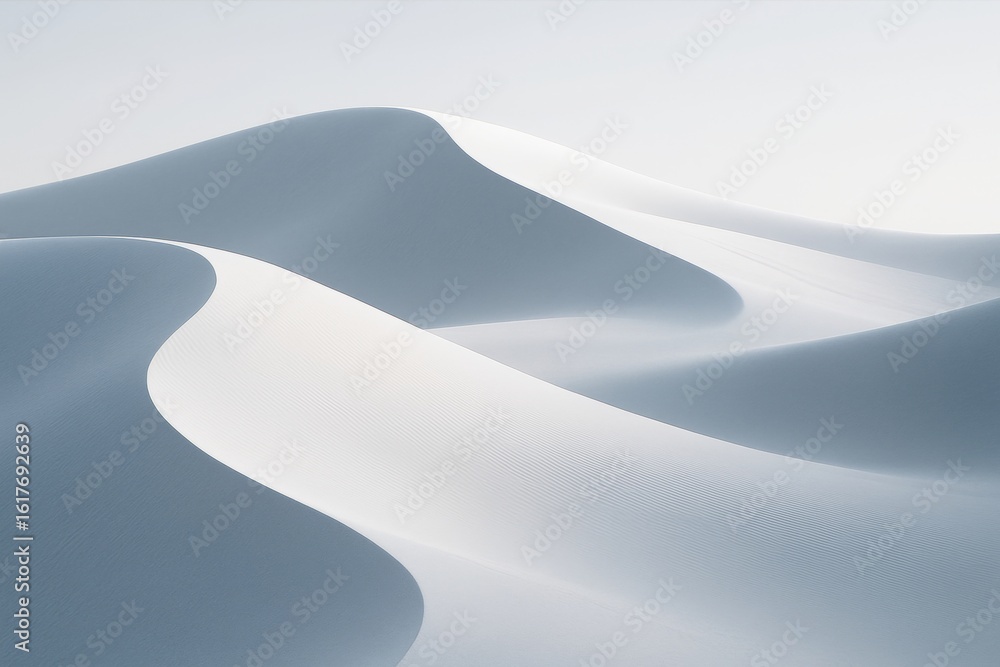 Poster abstract light blue and white sand dunes with smooth flowing curves under soft lighting on a minimal