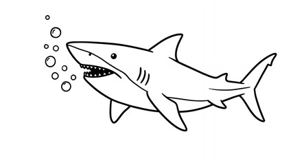 Fototapeta premium Graphic Great White Shark Illustration With Bubbles in Black and White on White Background Simple Vector Art Style Design