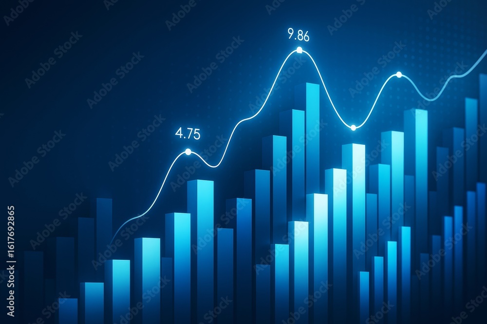 Poster abstract glowing bar chart with data points and curve line on dark blue background showing futuristi