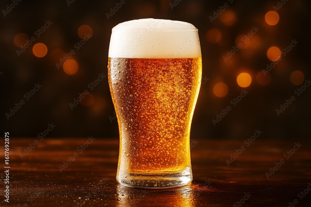 Poster cold pint of golden beer with foam and bubbles on wooden surface against warm abstract light backgro