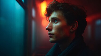 Mysterious Gaze: A close-up shot of a person, bathed in moody neon lighting, gazes intently into the distance, the soft focus evokes a sense of quiet contemplation and intrigue.