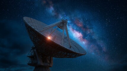 Celestial Communication: A vast radio telescope, silhouetted against a canvas of the star-studded night, gazes at the cosmos. It symbolizes humanity's endless quest to communicate with the universe.