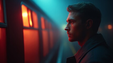 Man in the Dim Lit Station: A contemplative man, bathed in the moody, vibrant hues of a railway station, his silhouette defined against the warm glow, lost in thought.