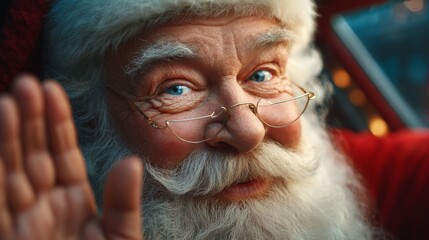 Santa Claus Greeting: A close-up, realistic portrait of Santa Claus, with twinkling eyes and a welcoming smile, giving a friendly wave.