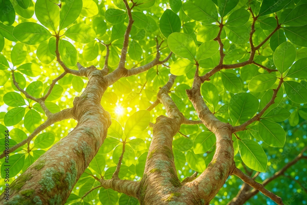 Poster bright sunlight shining through lush green tree canopy with textured branches from a low angle persp